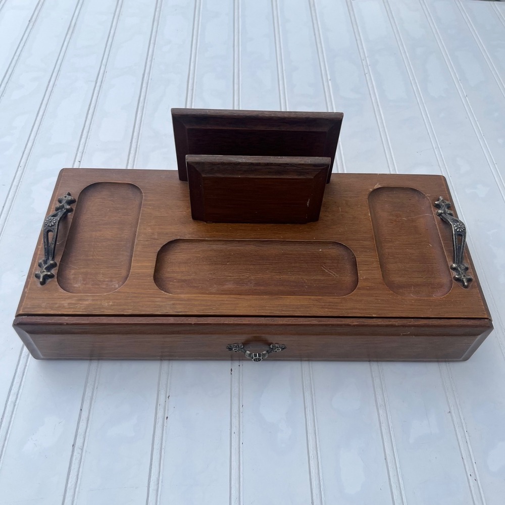 Vintage London Leather Wooden Valet Box Desk Organizer Drawer Catchall Tray MCM